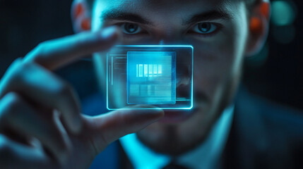Poster - A man in a suit examines a holographic microchip at night in a futuristic tech lab setting