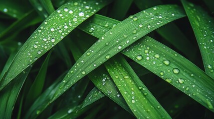 A close-up of green grass blades with morning dew,