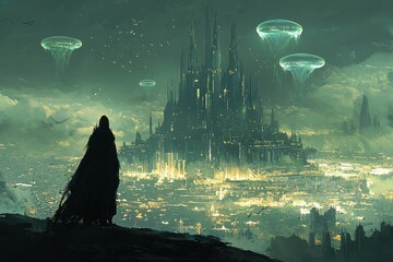 futuristic sci fi city in the clouds with flying vehicles and ufos