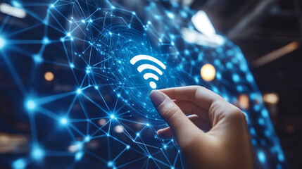 Poster - Exploring technology connectivity with a hand reaching for a Wi-Fi icon over a digital network background