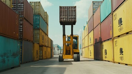 A yellow forklift is moving a shipping container in a port with other containers stacked on either side.