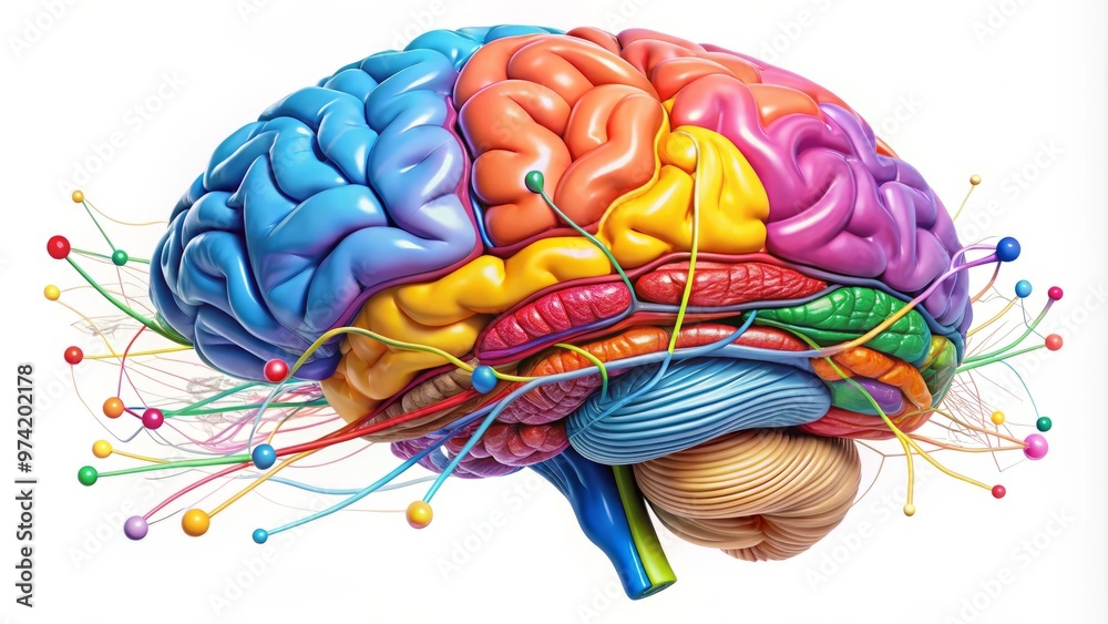 Illustrated human brain with colorful labels and sections highlighting ...