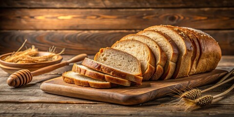 Sliced honey wheat bread on a rustic wood background