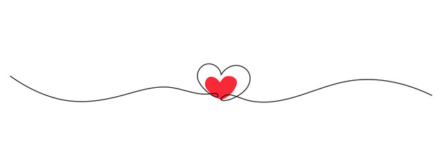Poster - Continuous linear drawing two hearts with red color love symbol isolated on transparent background. Black ribbon Valentine's Day symbol in simple linear style. Editable stroke. Vector 