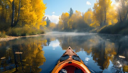 Wall Mural - Kayaking through a serene river lined with vibrant autumn foliage and misty reflections, embracing the spirit of adventure in untouched nature