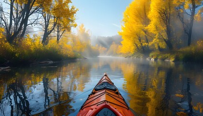 Wall Mural - Kayaking through a serene river lined with vibrant autumn foliage and misty reflections, embracing the spirit of adventure in untouched nature