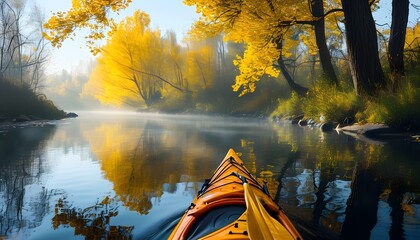 Wall Mural - Kayaking through a serene river lined with vibrant autumn foliage and misty reflections, embracing the spirit of adventure in untouched nature