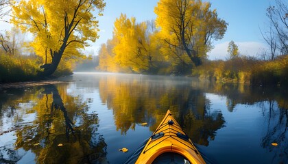 Wall Mural - Kayaking through a serene river lined with vibrant autumn foliage and misty reflections, embracing the spirit of adventure in untouched nature