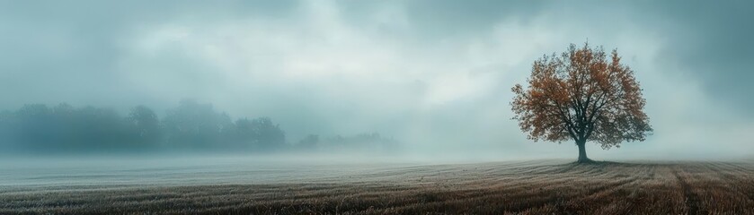 Poster - Cloudy horizons over an autumn field, soft light diffusing through layers of mist, Cloudy Horizons, peaceful scenery.