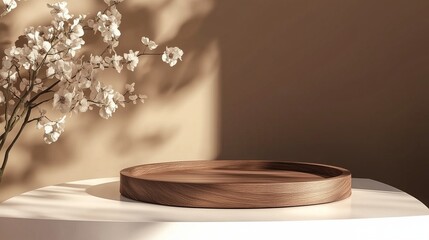 Wooden aesthetic simple podium tray with leaves decoration brown pastel tone wall