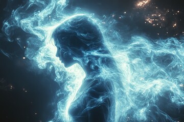 A mystical silhouette surrounded by swirling blue mist and light, evoking a sense of mystery, magic, and ethereal beauty, with shimmering highlights in a dark background.