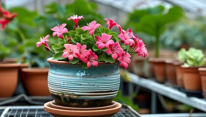 Wall Mural - Vibrant Pentas lanceolata in ceramic pot beside Pilea and blooming Kalanchoe in a cozy hothouse setting