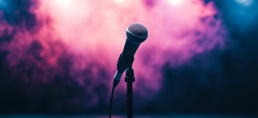 Microphone standing on an empty stage with colorful light and smoke. Mic on a stage