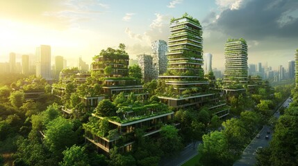 Green city with modern architecture blending into the landscape,