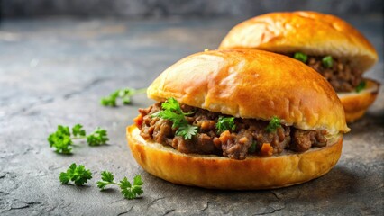 Delicious South African vetkoek filled with savory mince, served on a mottled grey background