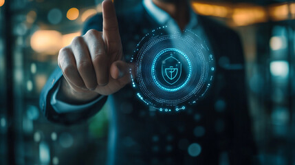 Poster - A business professional interacts with a digital security interface in a modern office during the afternoon