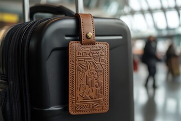 A sleek black suitcase adorned with a stylish leather tag. This image captures travel elegance and practicality in modern design. Perfect for stylish travelers. Generative AI