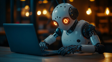 Aufkleber - Robot engaged with a laptop in a modern workspace during the evening, showcasing technology and innovation in action