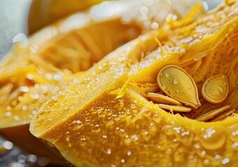 Wall Mural - Close up of freshly sliced pumpkin with seeds and water droplets on a blurred background