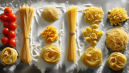 Wall Mural - Diverse pasta varieties showcasing shapes and textures on a flour-dusted tabletop