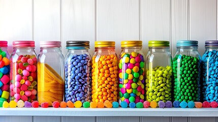 Poster - A display of colorful candy jars filled with sweets on a white background