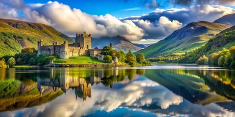 Majestic ruined castle towers above emerald hills, misty valleys, and sparkling lakes, showcasing Ireland's rugged yet