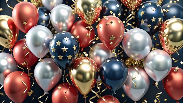 Holiday background with golden and blue metallic balloons, confetti and ribbons. Festive card for birthday party, anniversary, new year, christmas or other events. Created with generative
