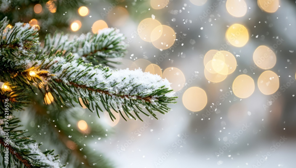 Close up Of Green Pine Tree Branches With Snow And Bokeh Lights In The Close up Of Green Pine Tree Branches With Snow And Bokeh Lights In The