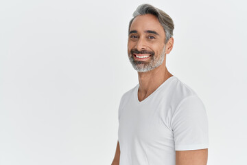 happy middle aged 45 years old man isolated on white studio background. confident mature handsome be
