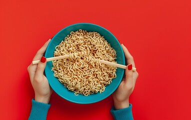 Wall Mural - Woman's hands holding a bowl of instant noodles on a red background