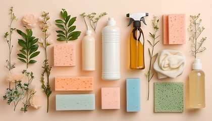 Wall Mural - Pastel-Colored Cleaning Supplies Displayed Neatly Against Light Peach Background for a Fresh and Organized Aesthetic