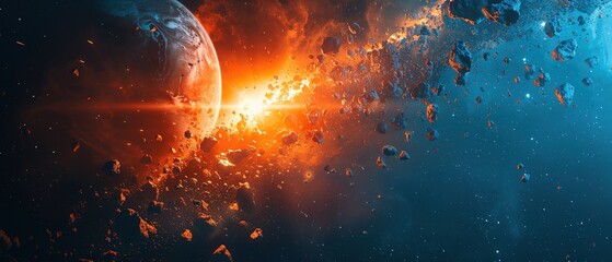 Digital blue and orange broken planet poster background