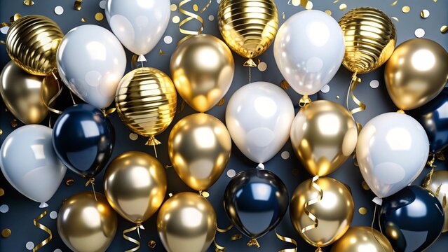 Holiday background with golden and blue metallic balloons, confetti and ribbons. Festive card for birthday party, anniversary, new year, christmas or other events. Created with generative

