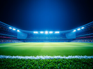 Sports Stadium with Green Grass Field and Blue Spotlights, Nighttime Splendor, Sports tournament, world championship Photography. Generative AI.