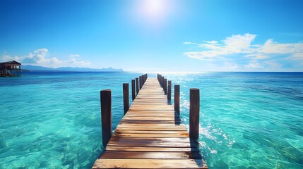 Wall Mural - View of a sturdy wooden pier extending into clear, emerald sea waters, with clear blue sky and bright, sunny lighting, realistic style with intricate wood and water textures, calm and picturesque mood