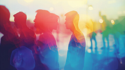 Diverse Group Embracing Unity in Diversity, Multicolored Silhouettes Against Bokeh Background. 