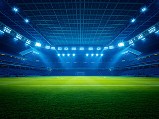 Sports Stadium with Green Grass Field and Blue Spotlights, Nighttime Splendor, Sports tournament, world championship Photography. Generative AI.