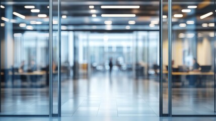 Wall Mural - 3D rendering of a blurred office interior with glass doors and tables in a modern business center.