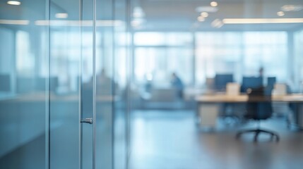 Wall Mural - 3D rendering of a blurred office interior with glass doors and tables in a modern business center.