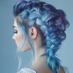 Wall Mural - A woman with blue hair and a blue ponytail