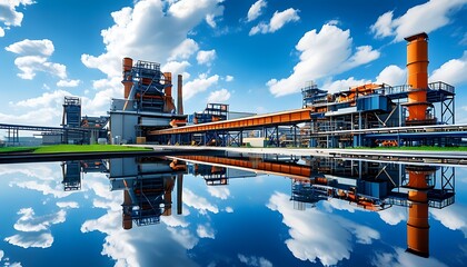 Wall Mural - Large-scale equipment and conveyor belts in industrial factories are set off by blue skies and white clouds, demonstrating the efficiency of modern construction and production.