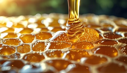 Poster - Luscious golden honey cascading with rich texture and bubbles, showcasing its natural sweetness and inviting viscosity