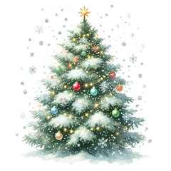 A watercolor illustration of a Christmas tree on a white background, covered with white snow. The tree is adorned with colorful ornaments peeking