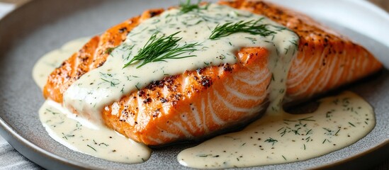 Delicious Grilled Salmon with Dill Sauce. AI generated image