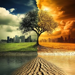 A tree is shown in two different seasons, one with a city in the background