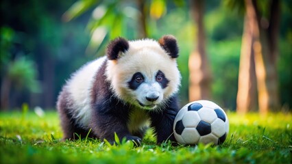 Vibrant wildlife photography of a panda cub happily playing soccer in the wild