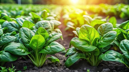 Wall Mural - Lush green spinach plants flourishing in a vibrant vegetable garden