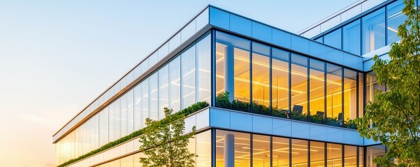 Poster - Modern Glass Office Building with Illuminated Windows at Dusk.