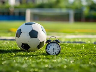 A soccer ball and an alarm clock sit on a green field, suggesting the time for a game is near.