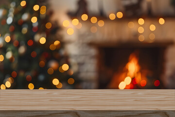 Empty table in front of christmas tree with decorations background. For product display montage in winter with snow. Merry Christmas concept.